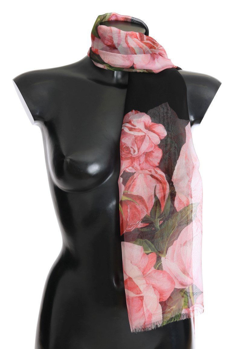 Black Pink Roses Print Silk Scarf