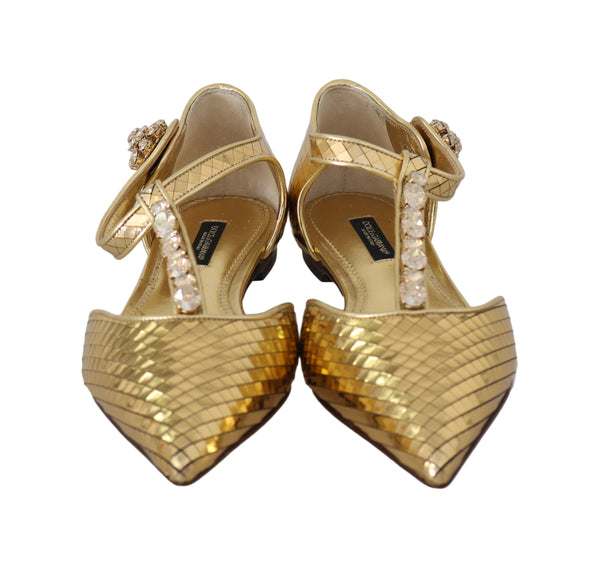 Gold Leather Crystal Ballerina T-strap