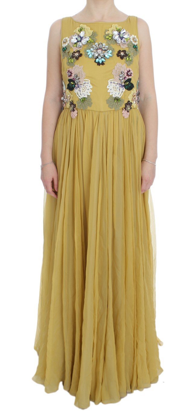 Yellow Silk Crystal Applique Shift Dress