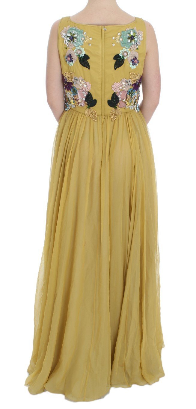 Yellow Silk Crystal Applique Shift Dress