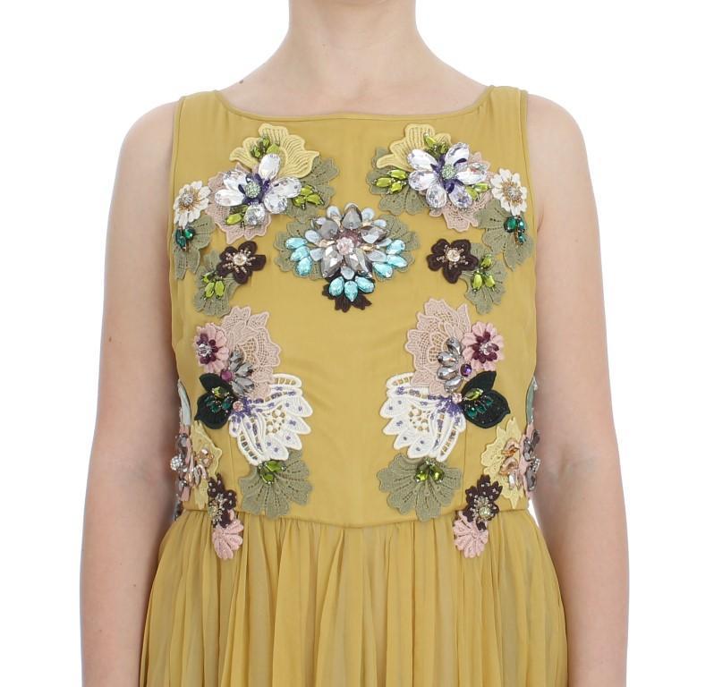 Yellow Silk Crystal Applique Shift Dress