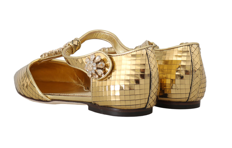 Gold Leather Crystal Ballerina T-strap