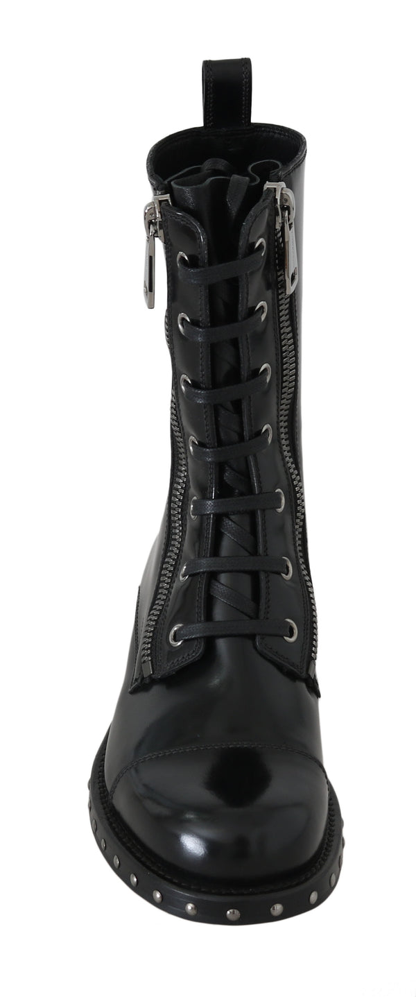 Black Leather Studded Biker Boots