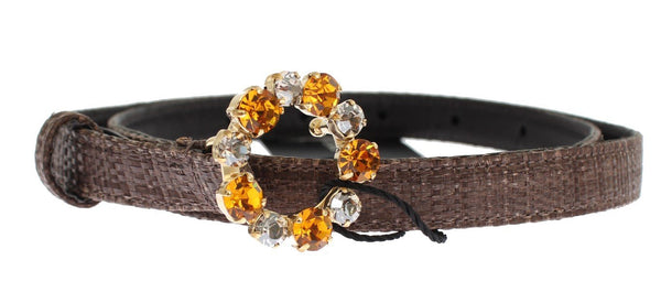 Brown Straw Leather Crystal Buckle Belt