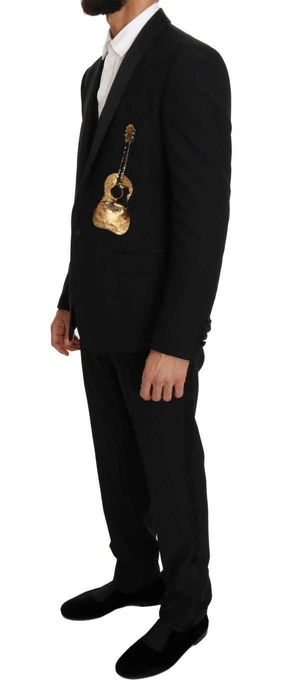 Black Wool Silk Gold Guitar Slim Fit Suit