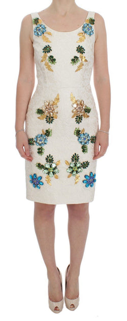 White Brocade Crystal Sheath Dress