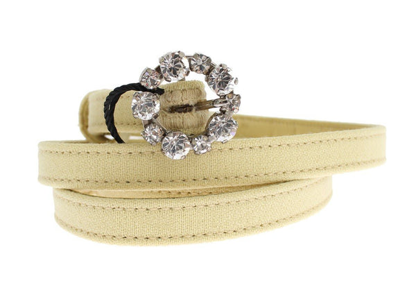 Beige Cotton Leather Crystal Buckle Belt