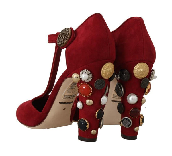 Red Suede Leather Pearl Studs Sandal