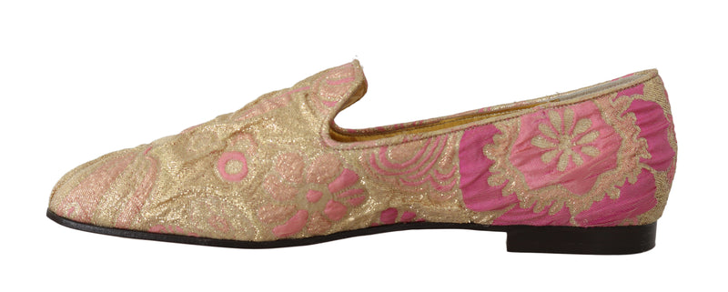 Gold Pink Brocade Loafers Floral Flats