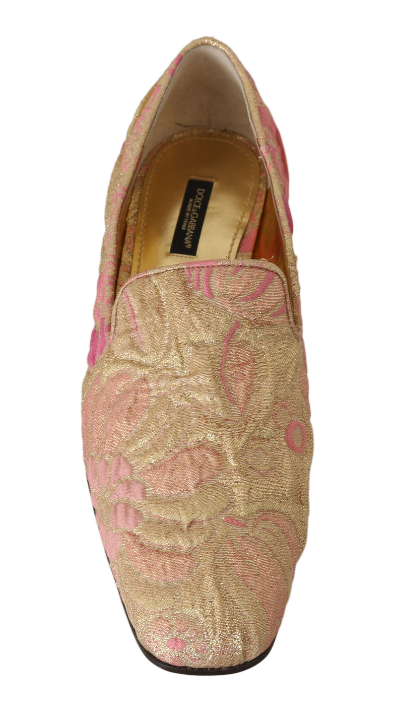 Gold Pink Brocade Loafers Floral Flats