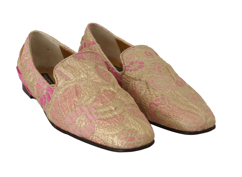 Gold Pink Brocade Loafers Floral Flats