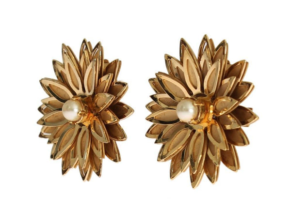 Gold Brass Floral White Pearl Earring