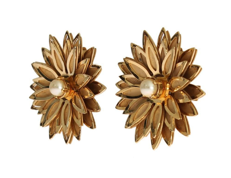 Gold Brass Floral White Pearl Earring