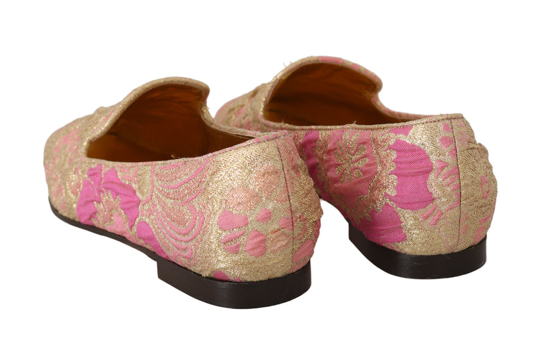 Gold Pink Brocade Loafers Floral Flats