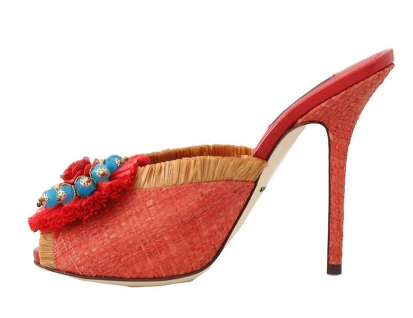 Red Straw Open Toes Crystal Sandals