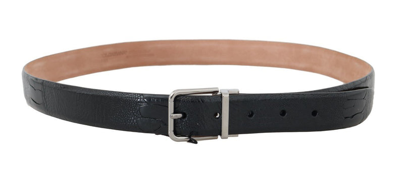 Black Ostrich Leather Silver Buckle Belt