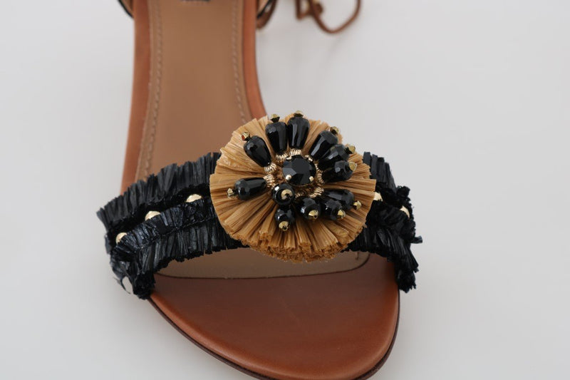 Black Straw PomPom Crystal Strap Sandals