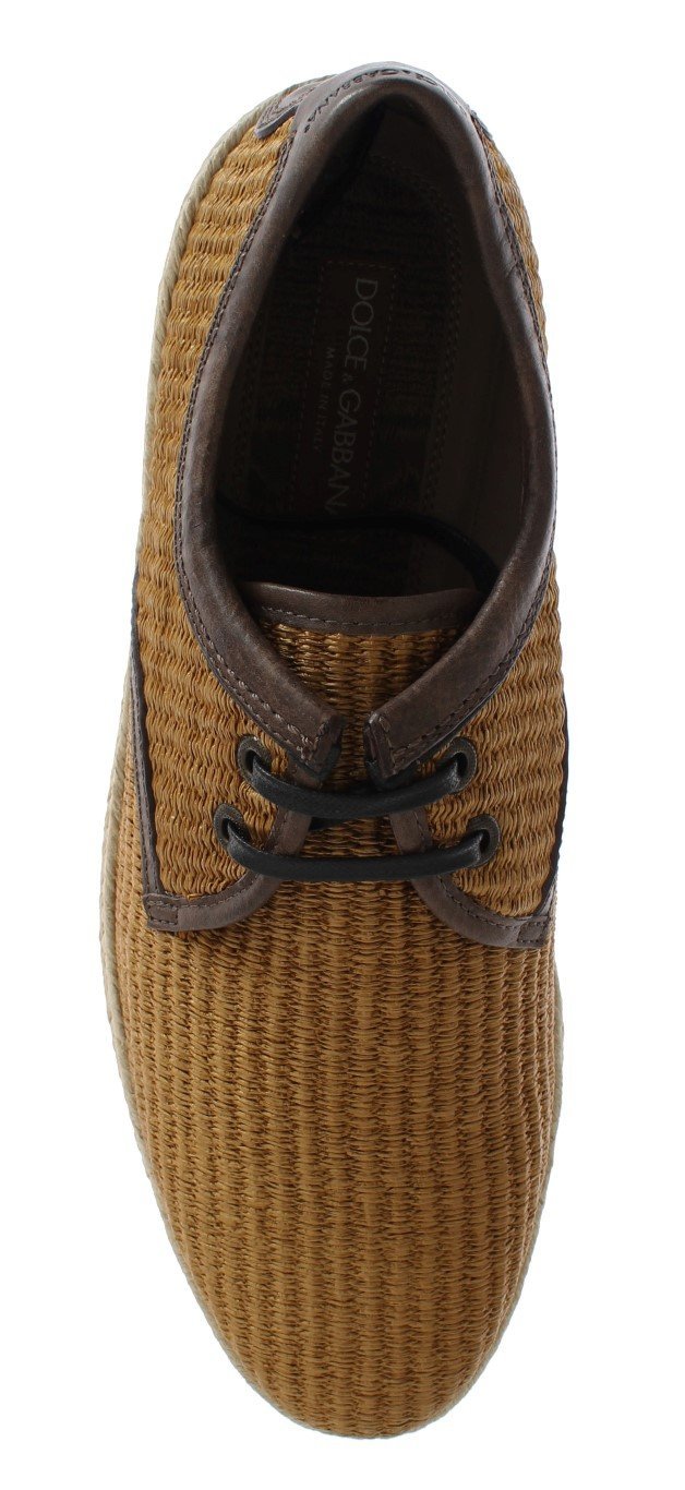 Brown Woven Raffia Leather Laceup Shoes
