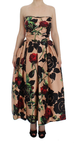 Pink Roses Floral Silk Pouf Ball Gown Dress