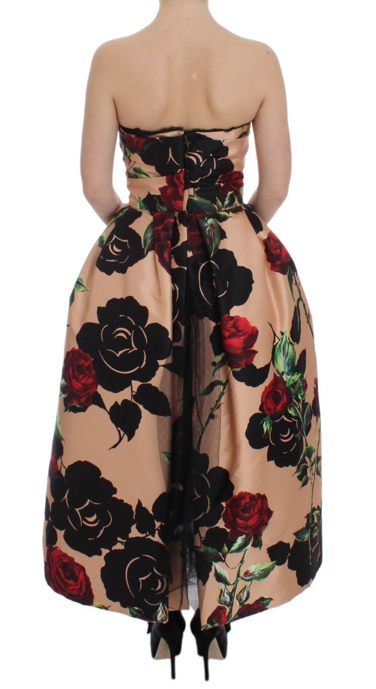 Pink Roses Floral Silk Pouf Ball Gown Dress