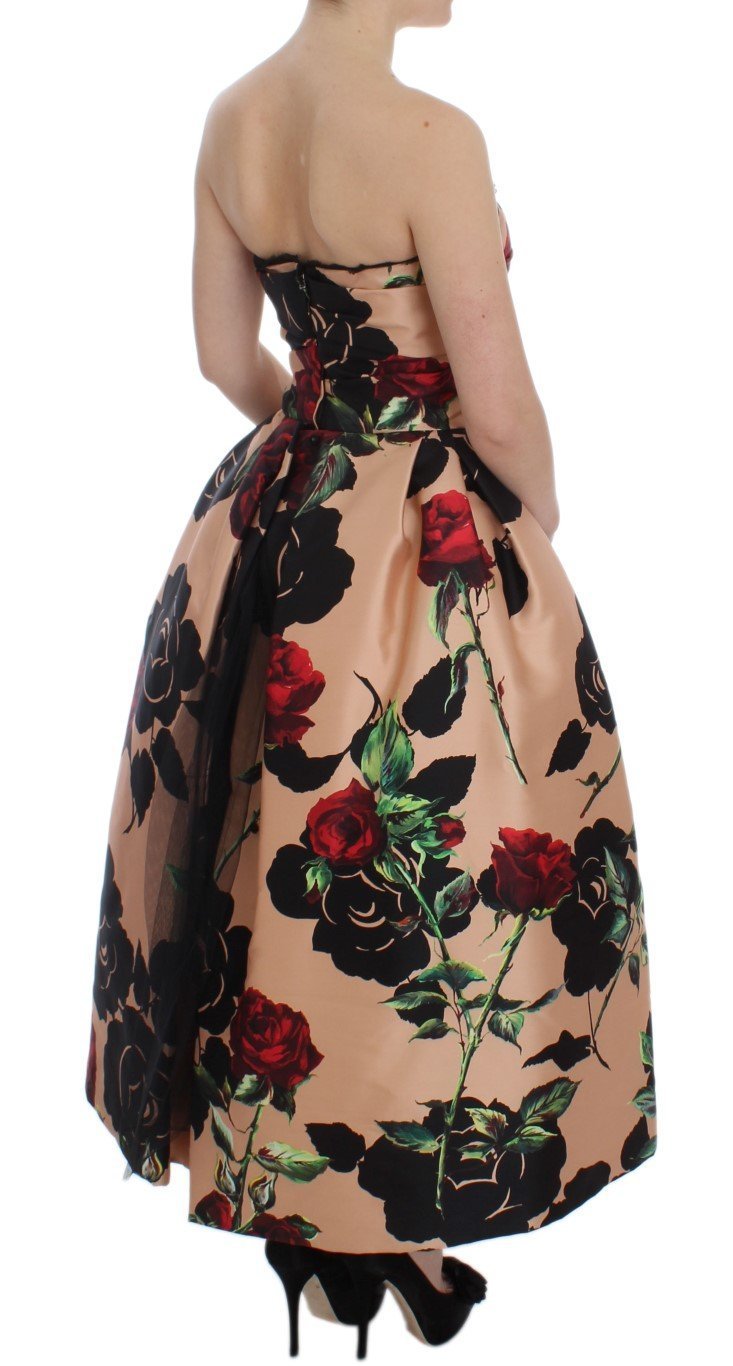 Pink Roses Floral Silk Pouf Ball Gown Dress