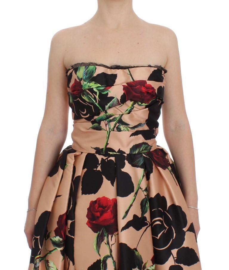 Pink Roses Floral Silk Pouf Ball Gown Dress