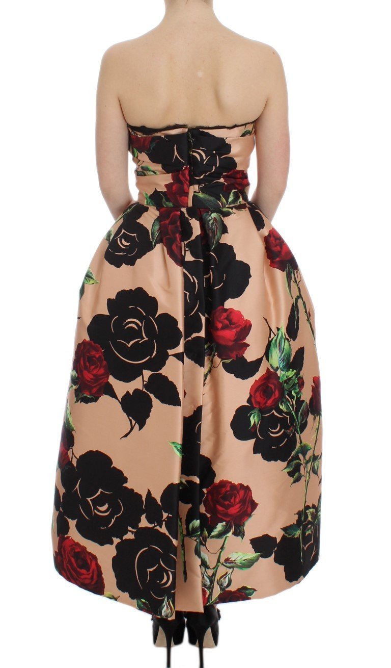 Pink Roses Floral Silk Pouf Ball Gown Dress