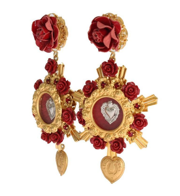 Gold Crystal Red Roses Heart Dangling Clip On Earring