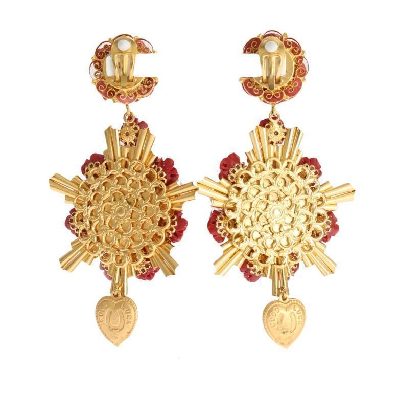 Gold Crystal Red Roses Heart Dangling Clip On Earring