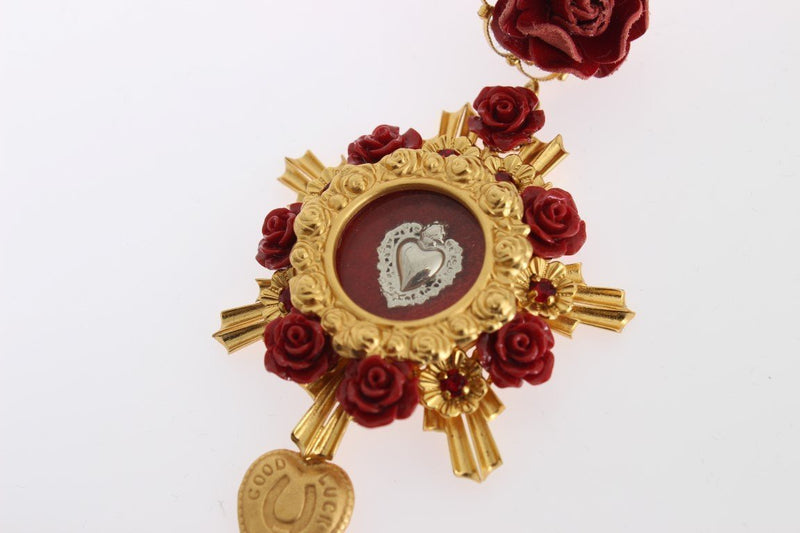 Gold Crystal Red Roses Heart Dangling Clip On Earring