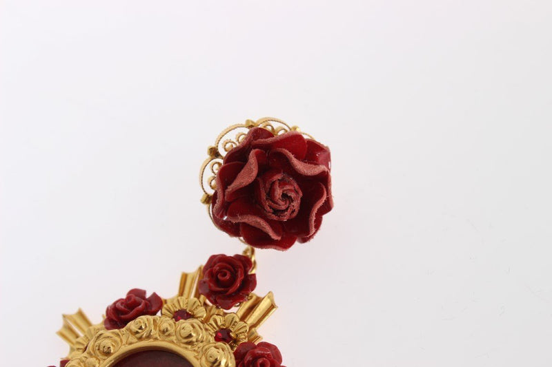 Gold Crystal Red Roses Heart Dangling Clip On Earring