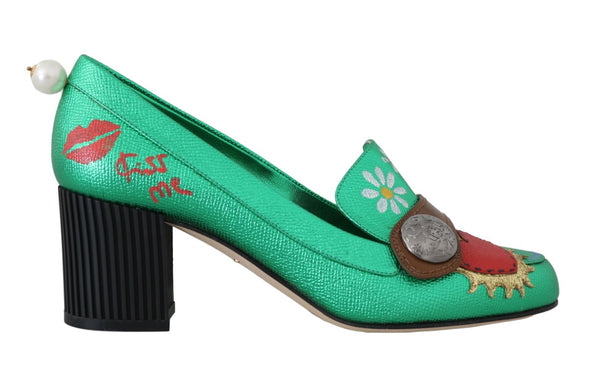 Green Leather Heart Moccasins Pumps