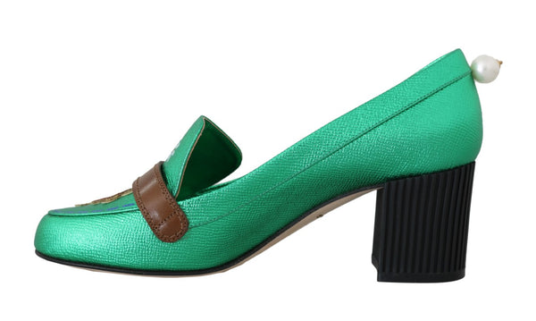 Green Leather Heart Moccasins Pumps