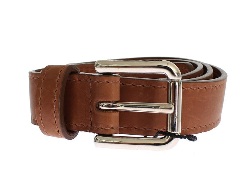 Brown Leather Silver Buckle Logo Wide Belt