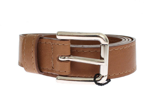 Brown Leather Silver Buckle Logo Wide Belt