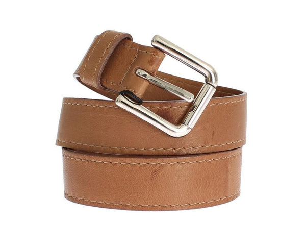 Brown Leather Silver Buckle Logo Wide Belt