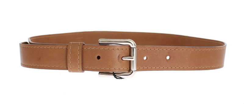 Brown Leather Silver Buckle Logo Wide Belt