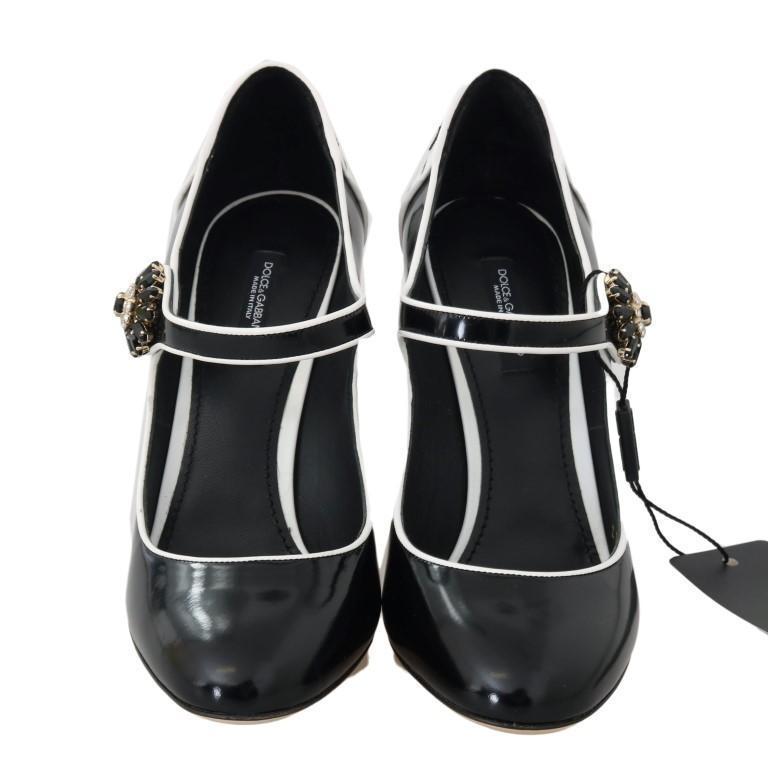 Black White Leather Mary Janes Crystals Pumps