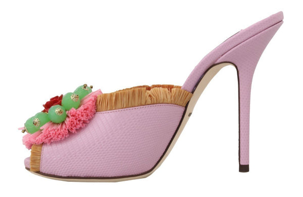 Pink Leather Slides Crystals Sandals