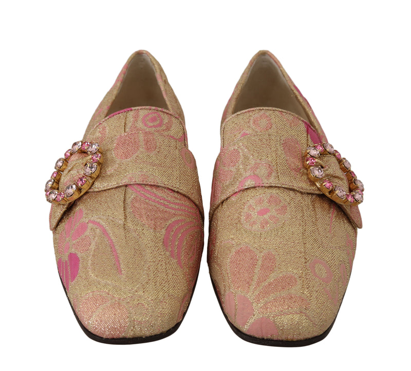 Gold Pink Brocade Crystal Loafers
