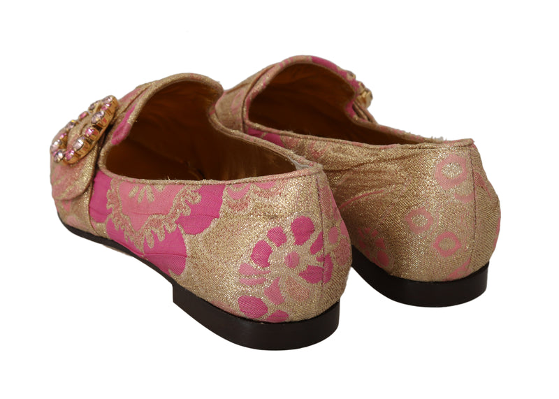 Gold Pink Brocade Crystal Loafers
