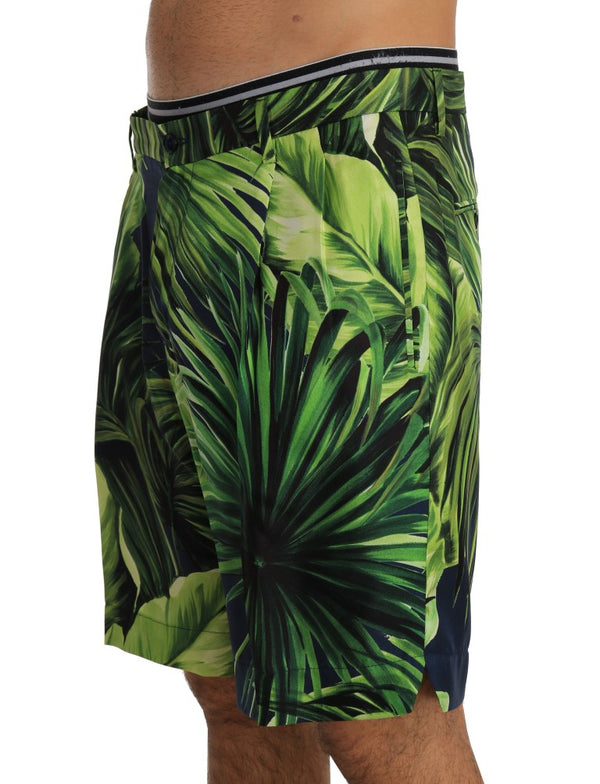 Green Leaves Print Silk Shorts