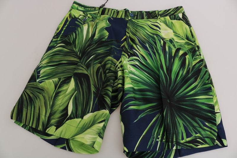 Green Leaves Print Silk Shorts