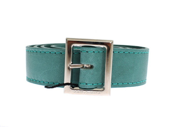 Green Leather Silver Buckle Logo Belt