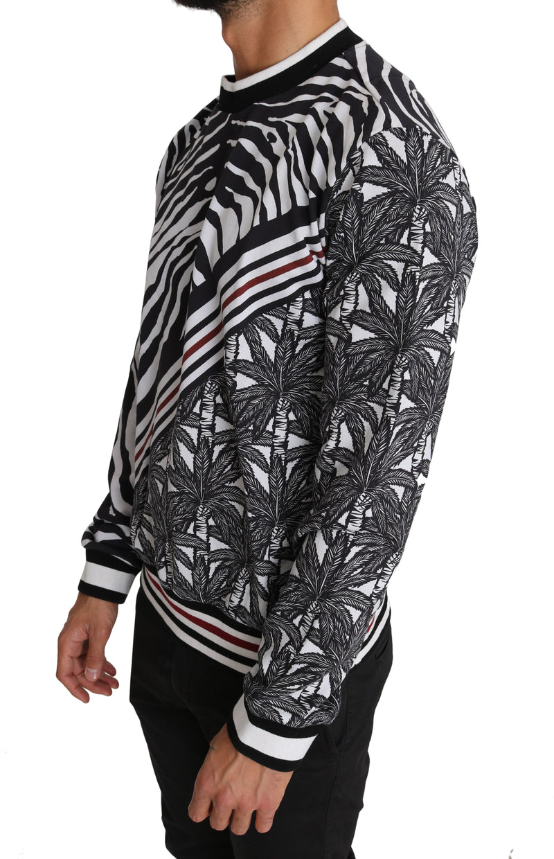 Black White Cotton Zebra Palm Print Pullover Sweater