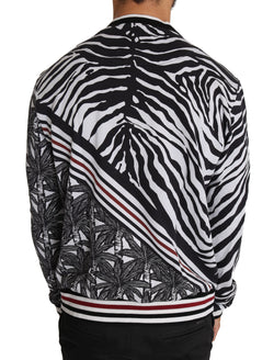 Black White Cotton Zebra Palm Print Pullover Sweater