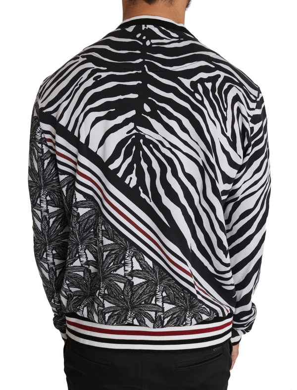 Black White Cotton Zebra Palm Print Pullover Sweater