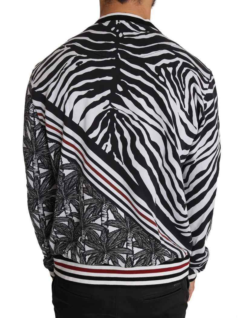 Black White Cotton Zebra Palm Print Pullover Sweater