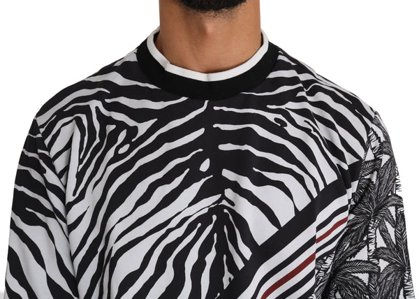Black White Cotton Zebra Palm Print Pullover Sweater