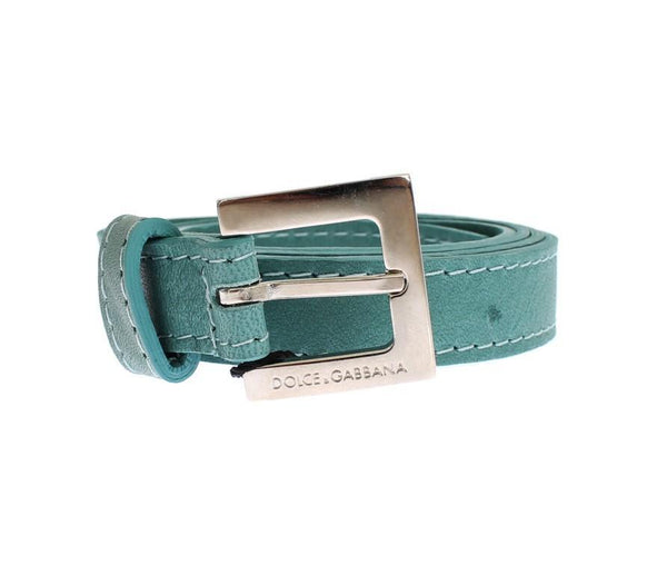 Green Leather Silver Buckle Logo Belt